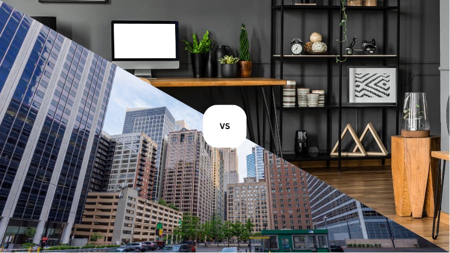 A split-screen graphic comparing a high-rise city skyline representing commercial SEO with a modern home office interior representing residential services in Orlando, FL.
