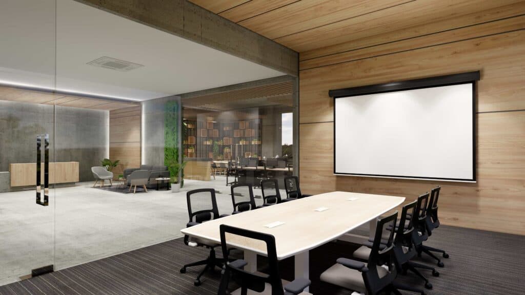 A premier office center conference room featuring high-end ergonomic seating, a light oak executive table, and a built-in projection system, transitioning into a luxury corporate lounge with biophilic design elements.