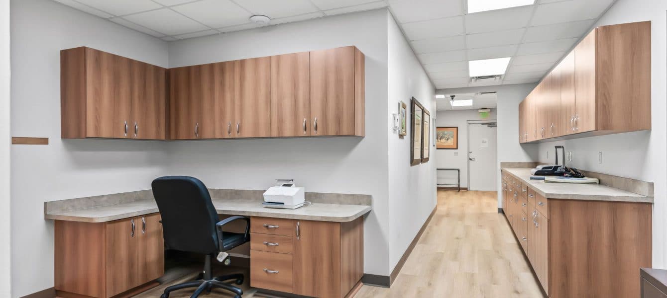 Modern office space with wooden cabinets, a black ergonomic chair, and a printer on a countertop. Bright lighting and neutral tones convey professionalism.