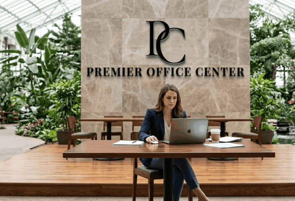 Premier Office Center Atrium and Coworking Lounge A professional woman working on a laptop at a wooden table in the Premier Office Center, a bright atrium coworking space filled with lush tropical plants, natural light, and other business professionals in the background.