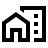 A clean black icon showing a small house silhouette standing next to a taller commercial building, representing the transition from a home office to professional office space rentals in Ocala, FL.
